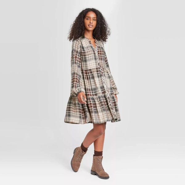 Women s Plaid Puff Long Sleeve ShirtDress Hot on Sale