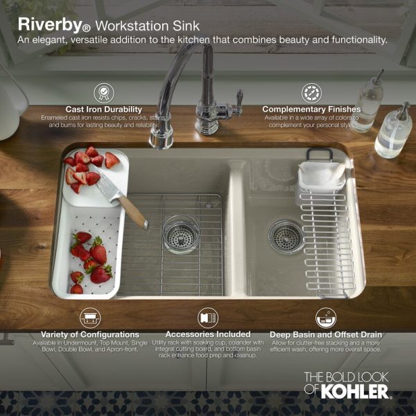 K-5871-5UA3-0 Riverby 33  x 22  x 9-5 8  Under-Mount Single-Bowl Kitchen Sink with Accessories, 5738RR For Cheap - Image 4