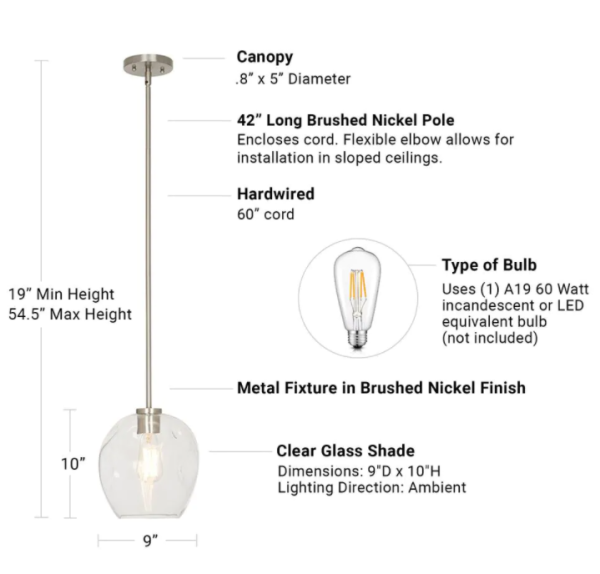 1-Light Brushed Nickel Mini Pendant with Glass Shade, 5680RR For Discount - Image 5